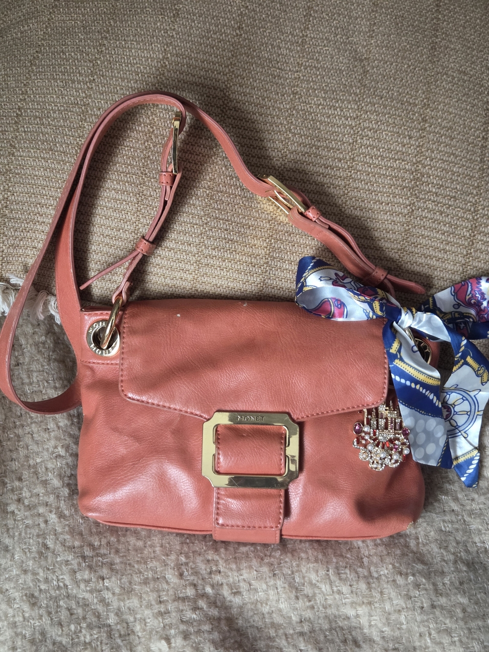 Monet Coral Leather Shoulder Bag with Gold Hardware and Charm